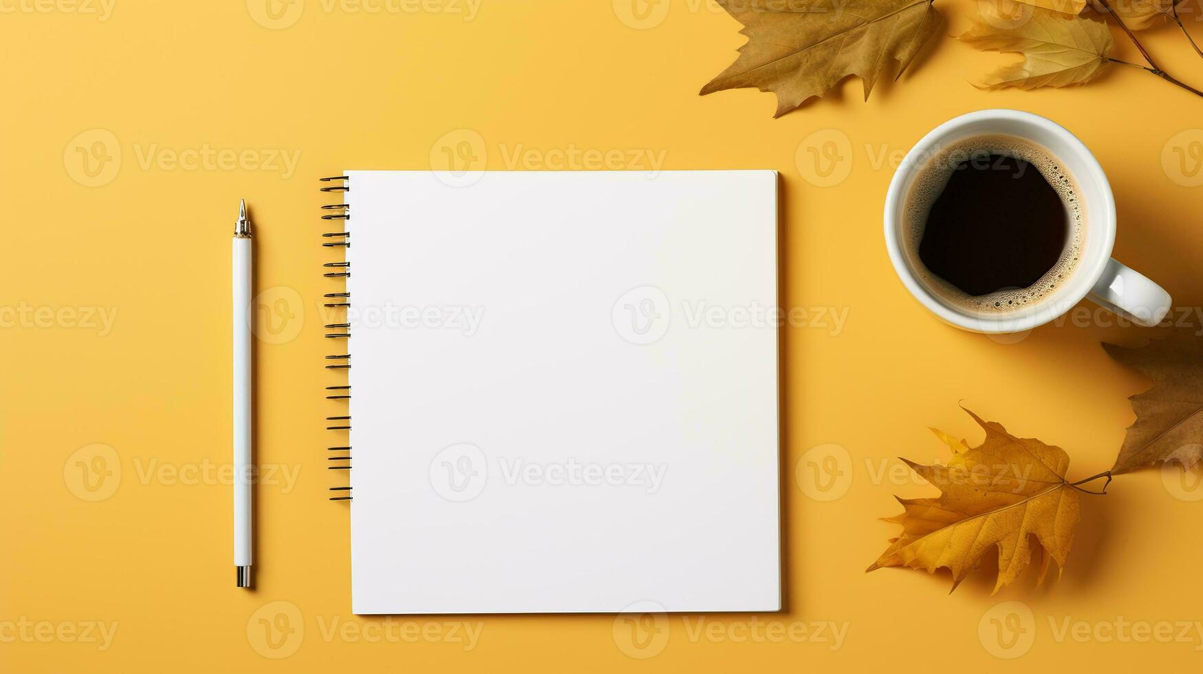 AI generated Top view of blank notebook, pen, coffee cup light background. Creative workspace office. Business concept. Created with Generative AI photo