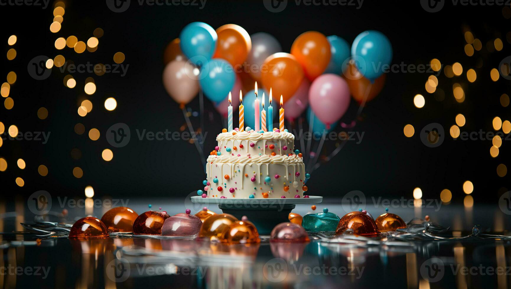AI generated Birthday cake with colorful candles. Created with Generative AI photo