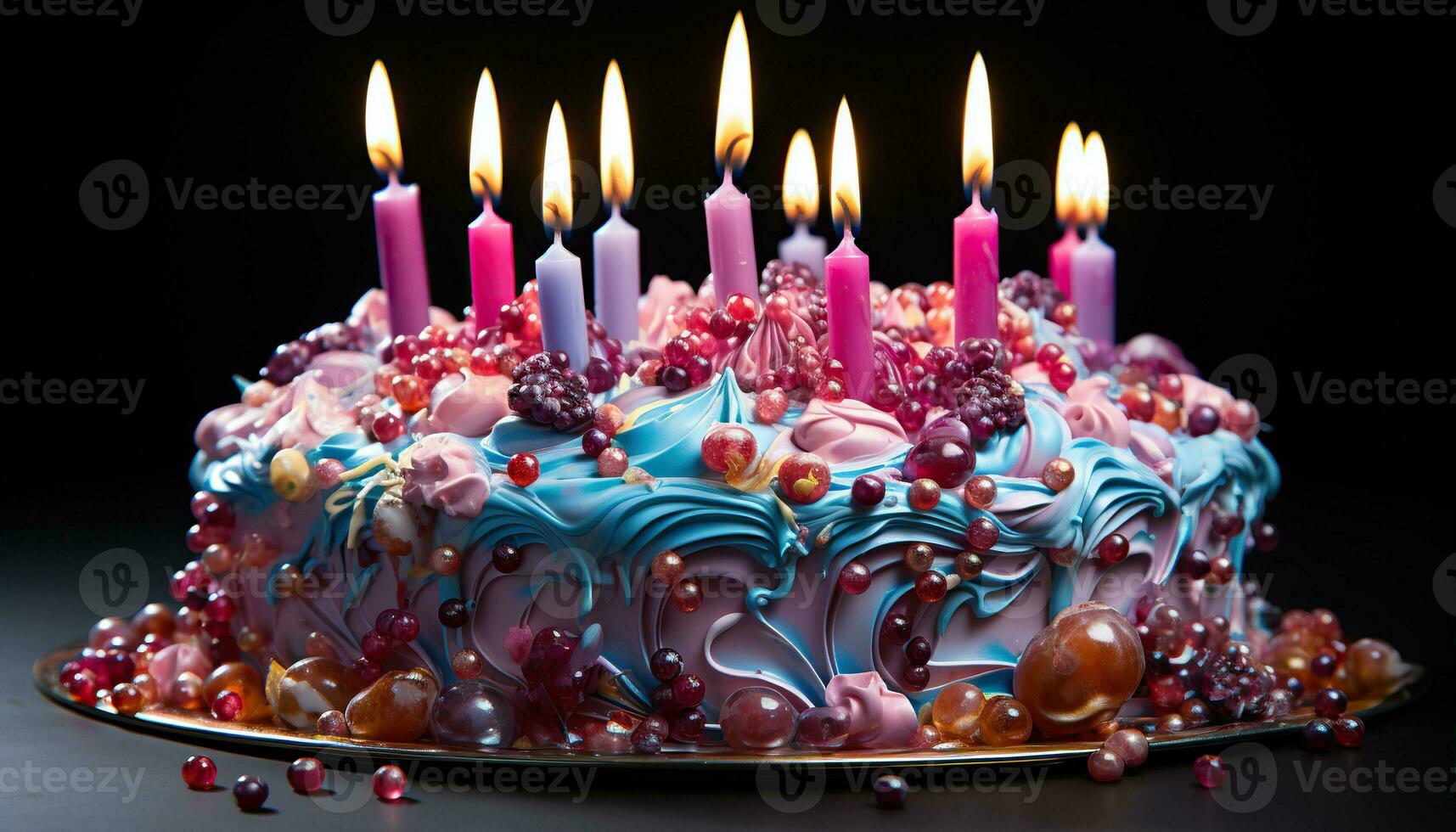 AI generated Birthday cake with colorful candles. Created with Generative AI photo