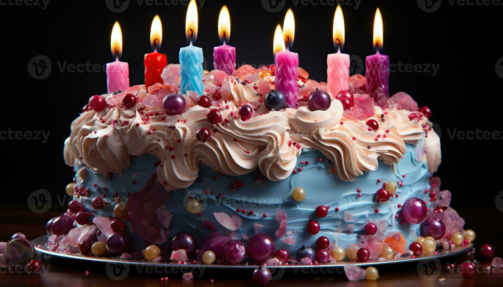 AI generated Birthday cake with colorful candles. Created with Generative AI photo