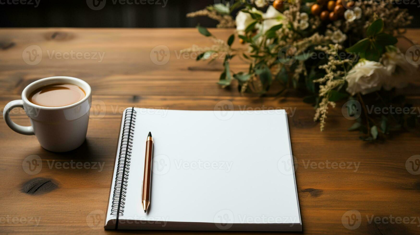 AI generated Top view of blank notebook, pen, coffee cup light background. Creative workspace office. Business concept. Created with Generative AI photo