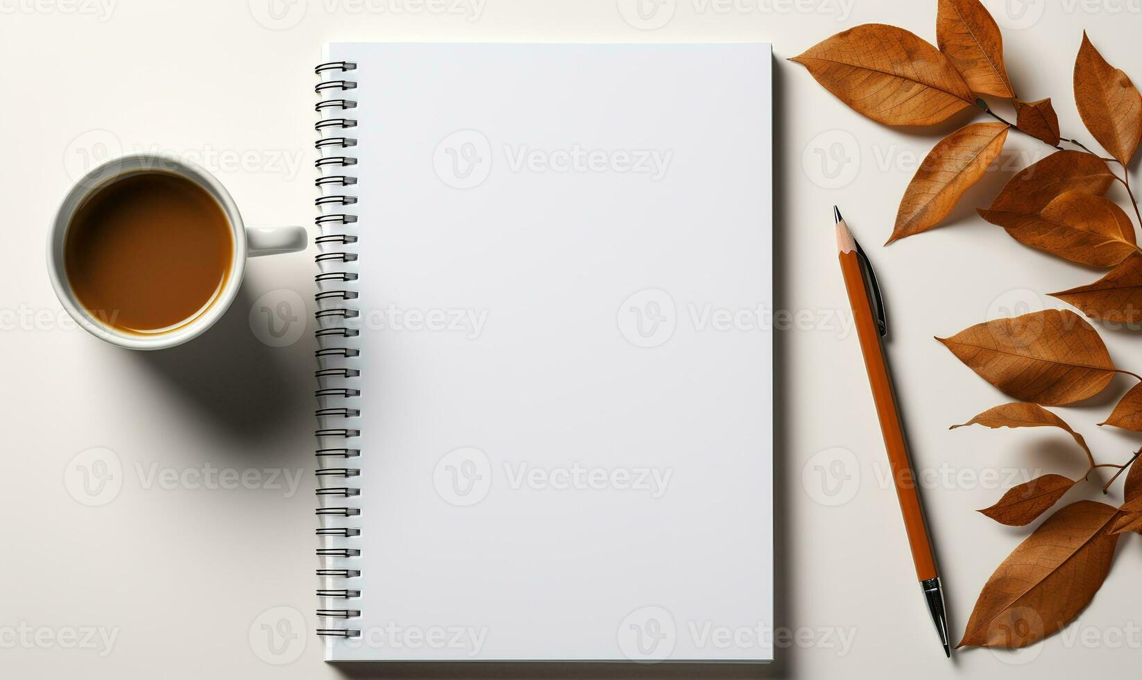 AI generated Top view of blank notebook, pen, coffee cup light background. Creative workspace office. Business concept. Created with Generative AI photo
