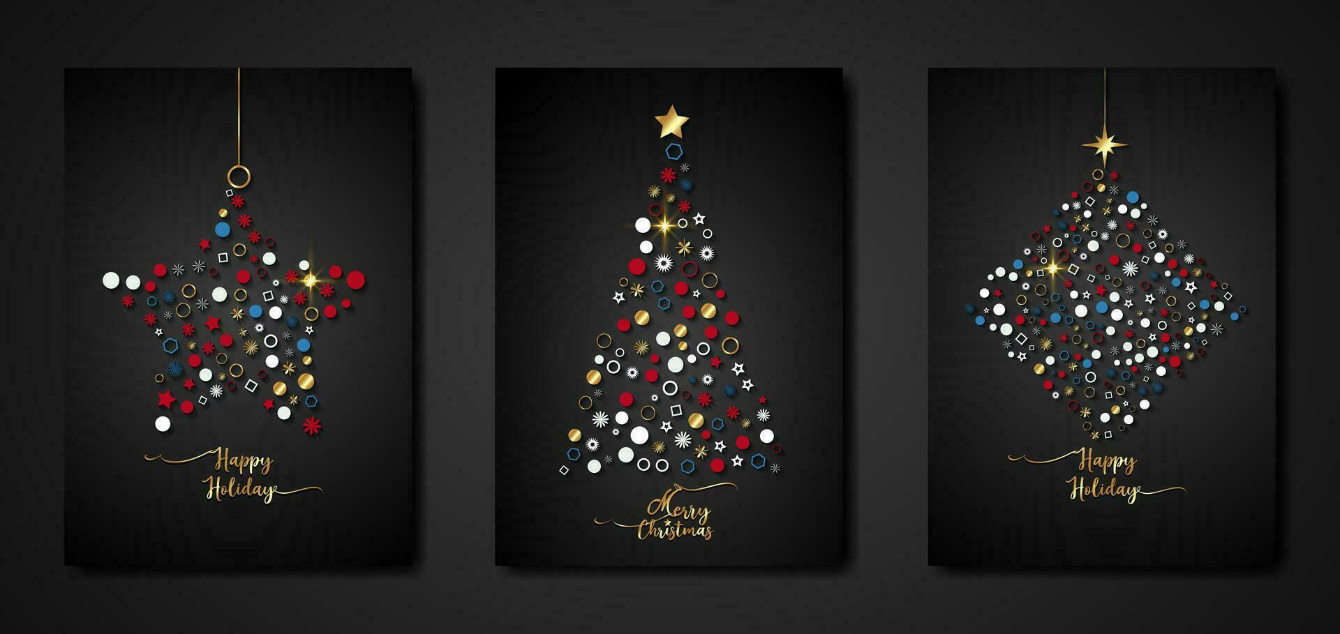 Set black card of Merry Christmas and Happy Holiday, greeting cards, posters, New Year covers. Design templates with typography, season wishes in colorful minimalist style for web, social media, print vector