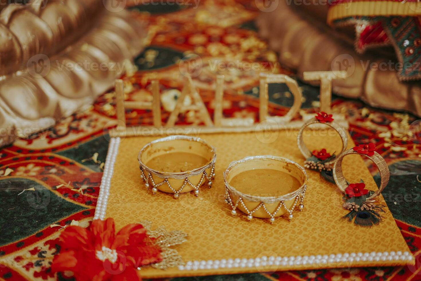 Indian Wedding Essentials at the time of Haldi Ceremony or Pithi Ceremony photo