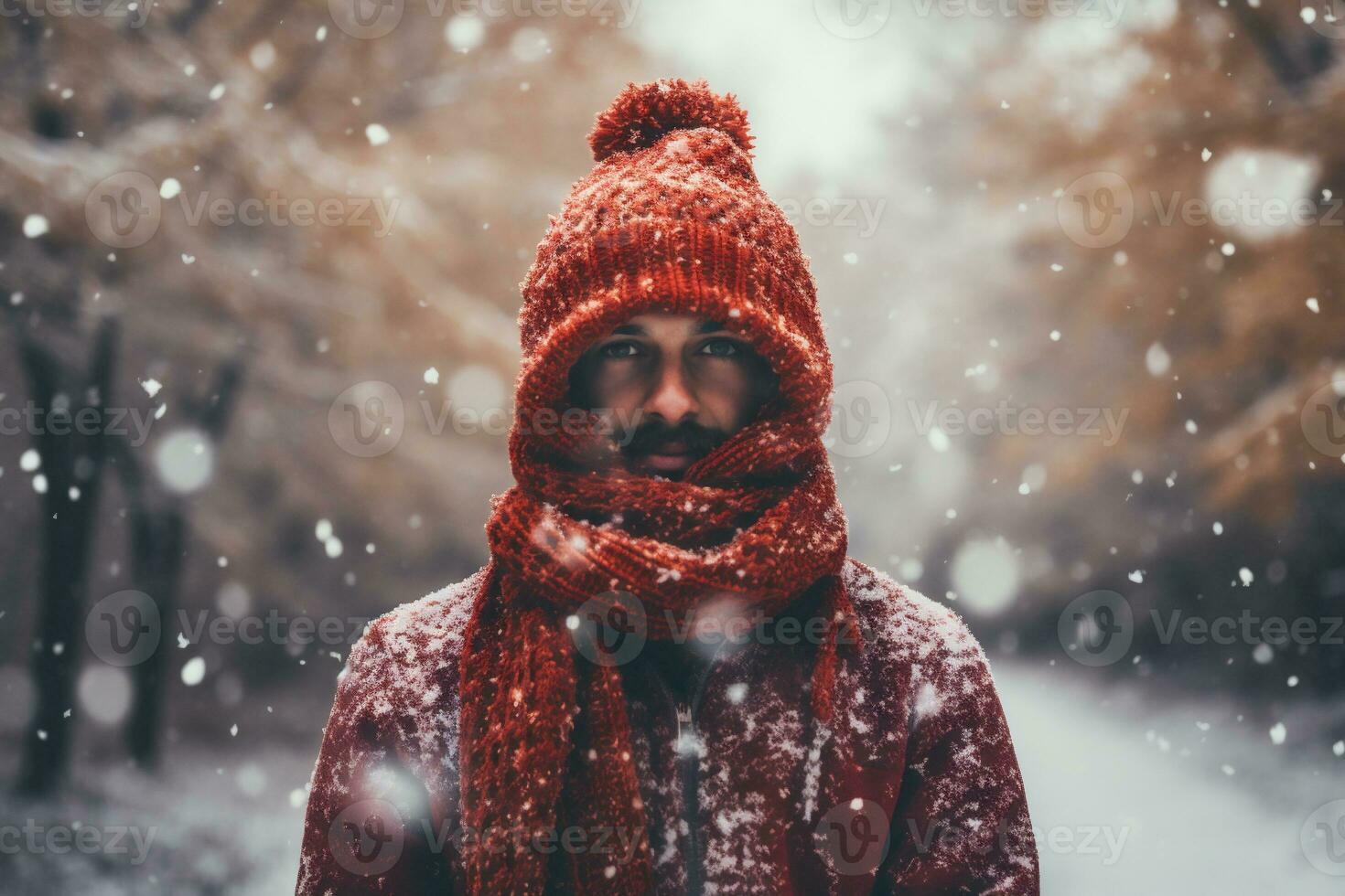 ai generado retrato de un hermoso joven hombre en un rojo sombrero y bufanda en el antecedentes de un invierno bosque. foto