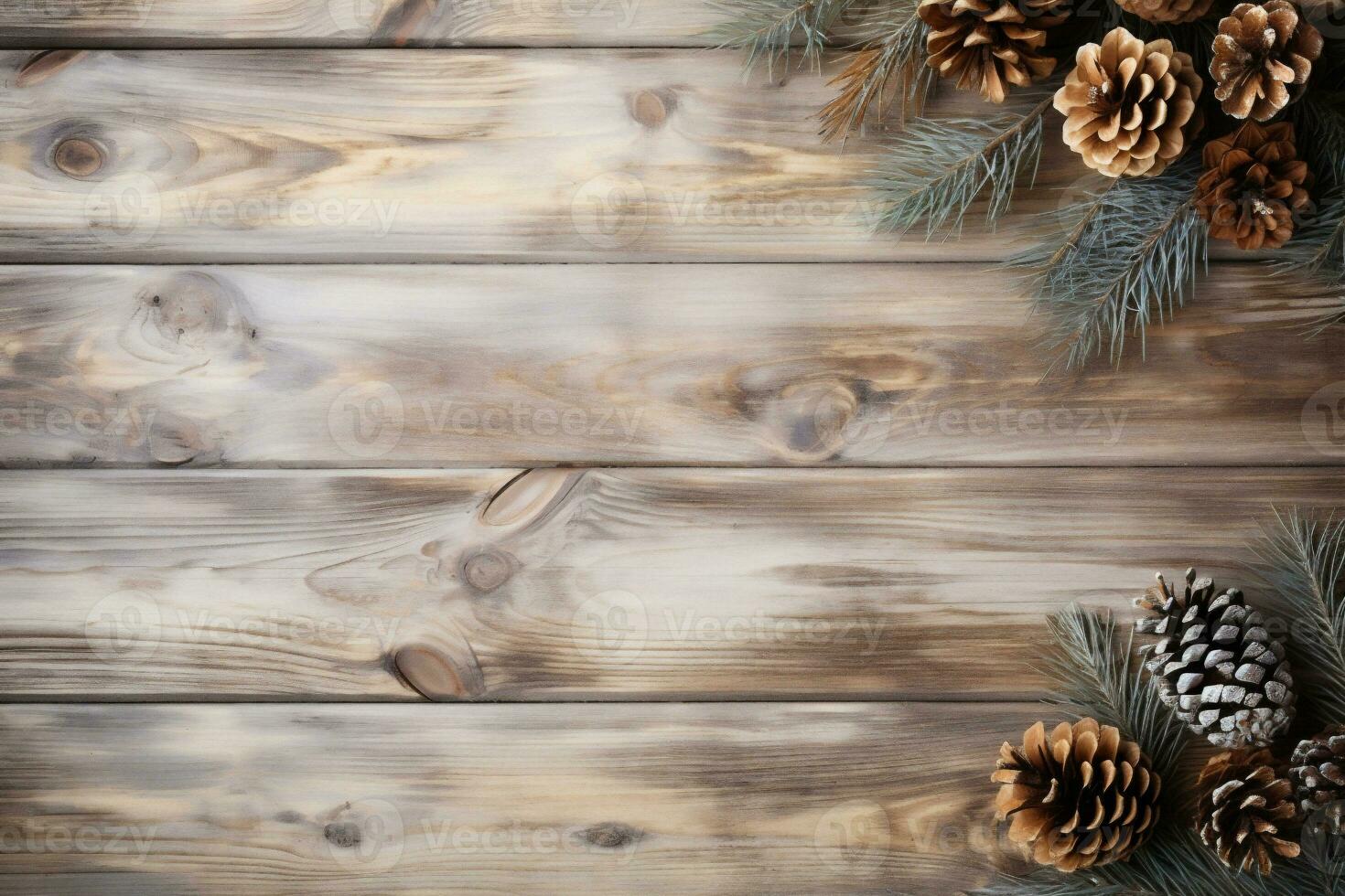 AI generated Christmas fir tree branches and pine cones on wooden background. Top view with copy space photo