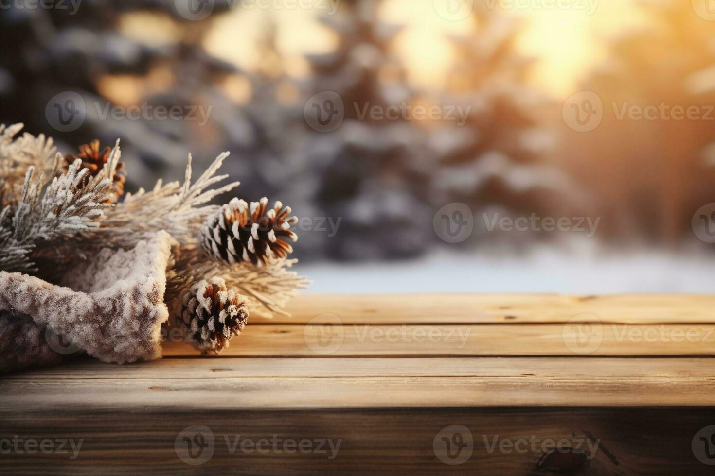 AI generated Wooden table in front of a winter background with pine cones. photo