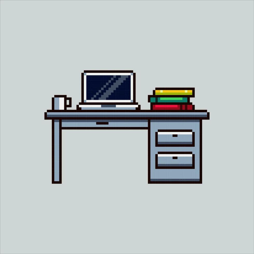 píxel Arte ilustración trabajo escritorio. pixelado trabajo escritorio. hogar oficina trabajo escritorio pixelado para el píxel Arte juego y icono para sitio web y vídeo juego. antiguo colegio retro vector