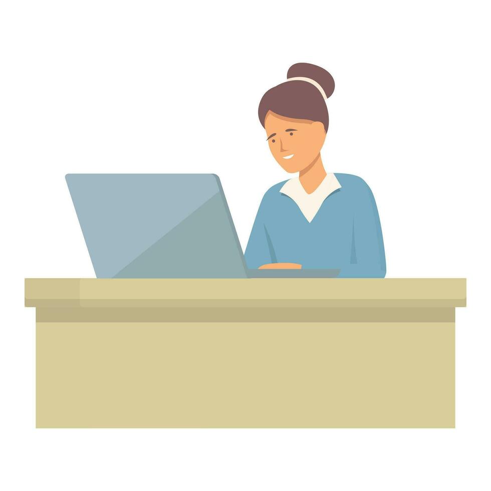 Lady desk working icon cartoon vector. Workplace pose cafe vector