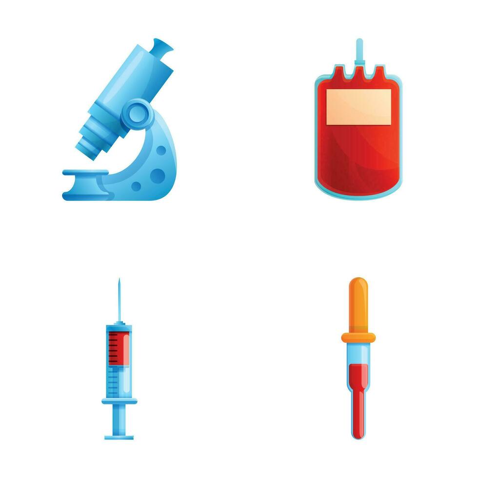 Blood test icons set cartoon vector. Microscope with plasma sample for research vector