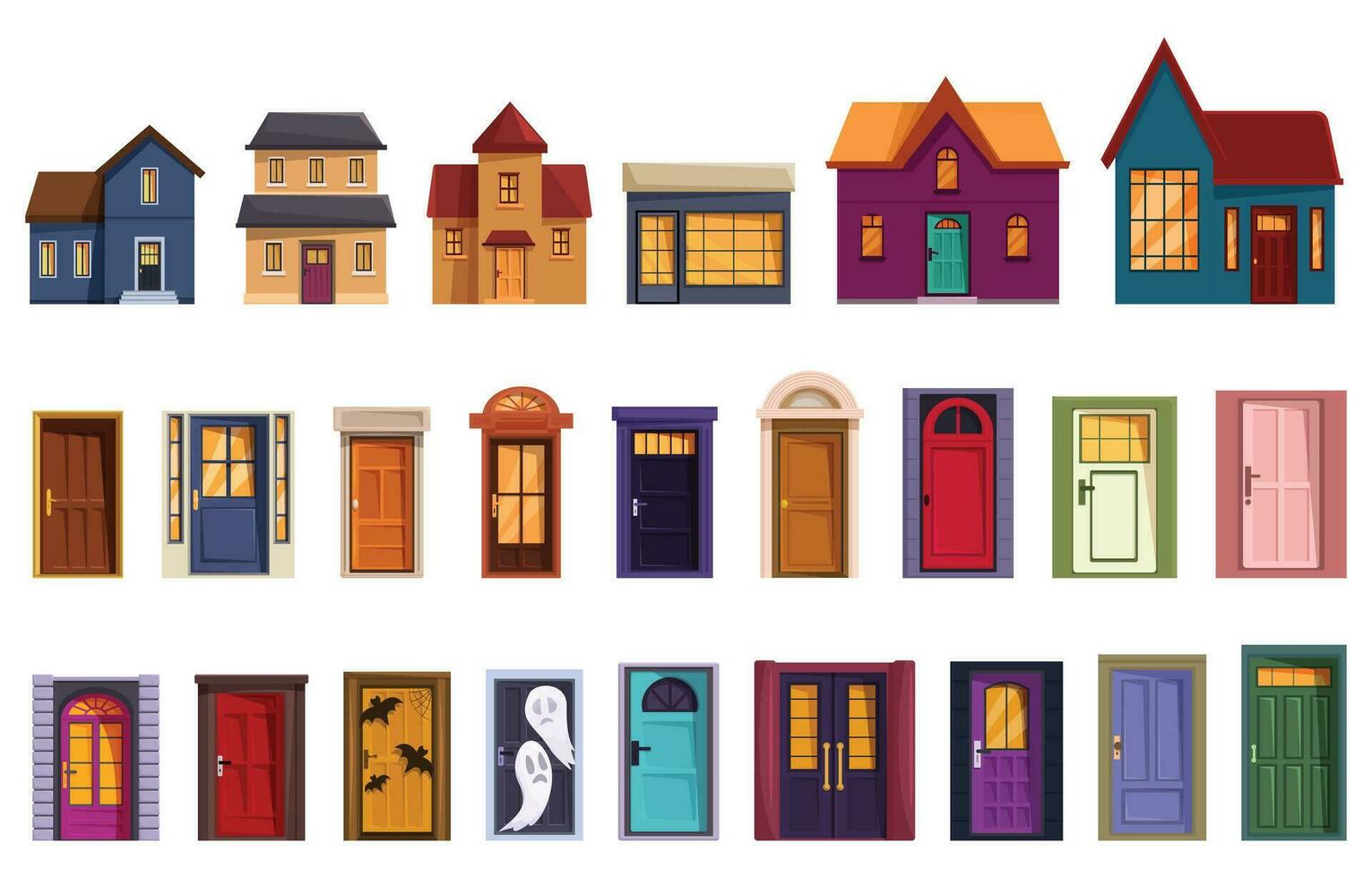 Night house front door icons set cartoon vector. Building entrance vector