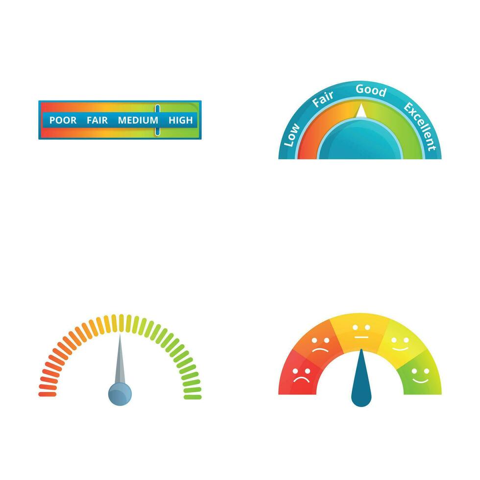 velocímetro íconos conjunto dibujos animados vector. varios medición dispositivo vector