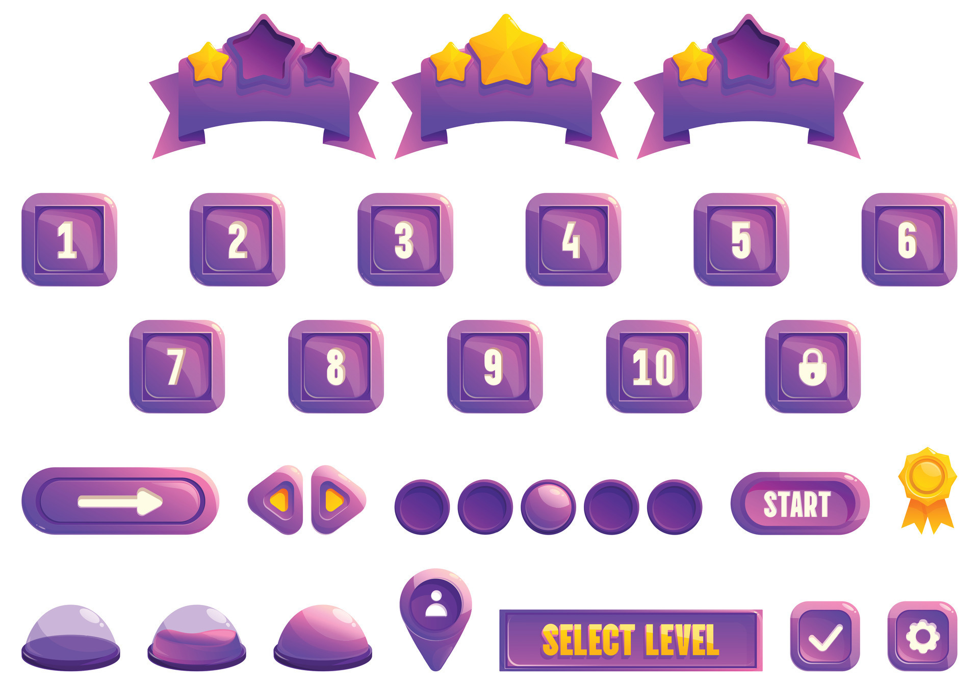 Select game level icons set cartoon vector. Indicator pointer locked