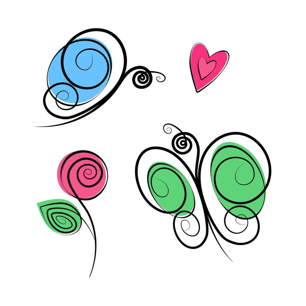 Butterflies, rose and heart. Stylized set of decorative element with spots in trendy marker shades vector