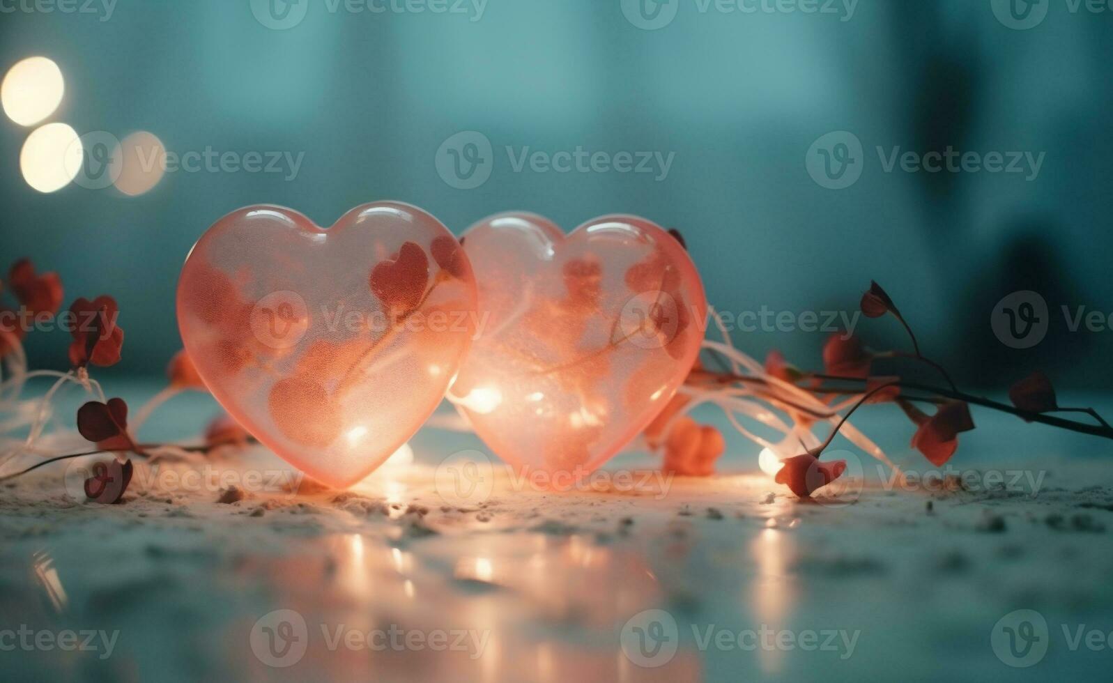 AI generated Valentine's day background with two hearts and bokeh lights photo
