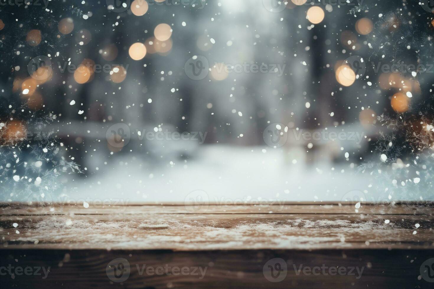 AI generated Winter background with snowflakes and bokeh defocused lights photo