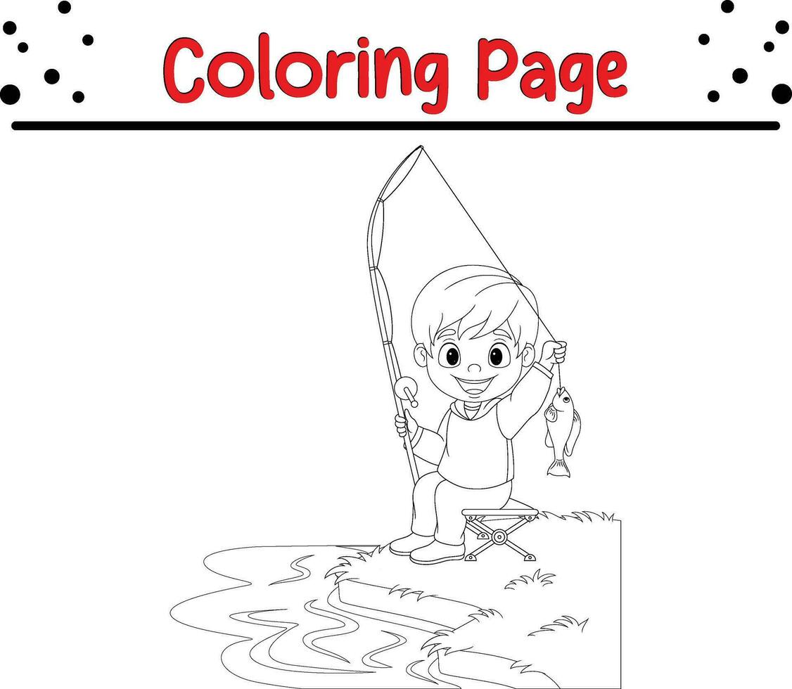 little boy fishing lake coloring page vector