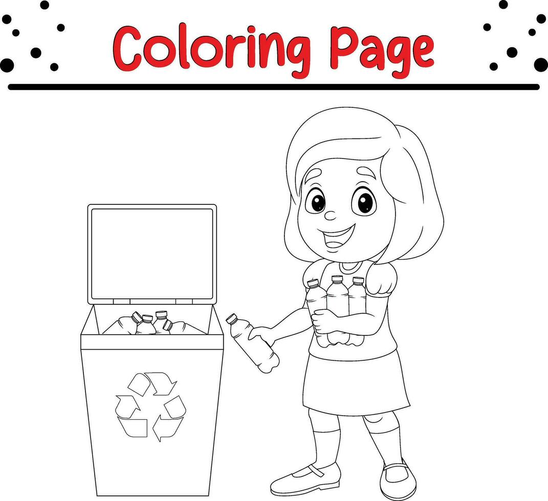 girl throwing trash into litter bin coloring page vector