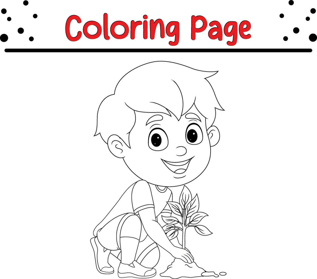 cute little boy watering plants coloring page vector