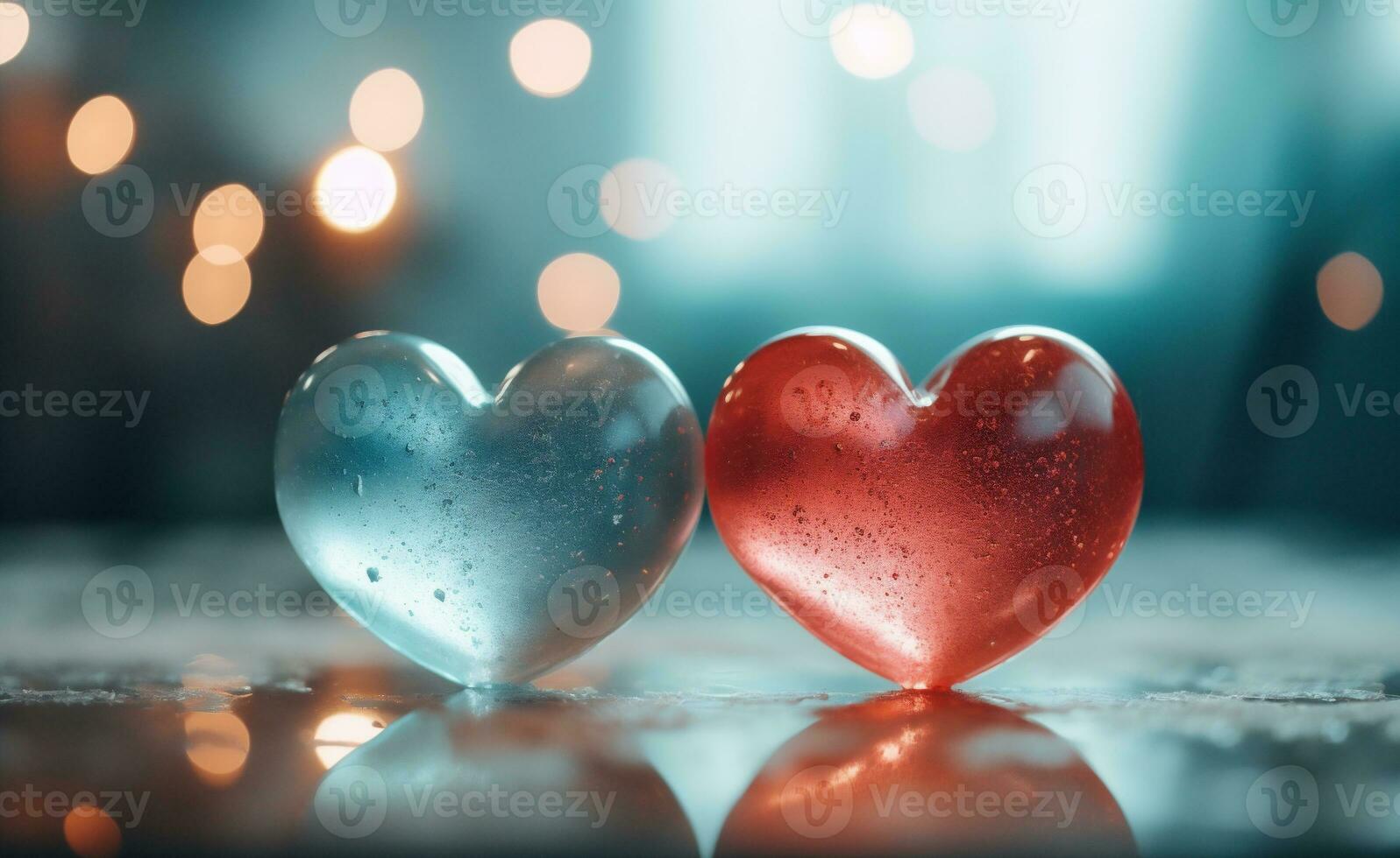 AI generated Valentine's day background with two hearts and bokeh lights photo