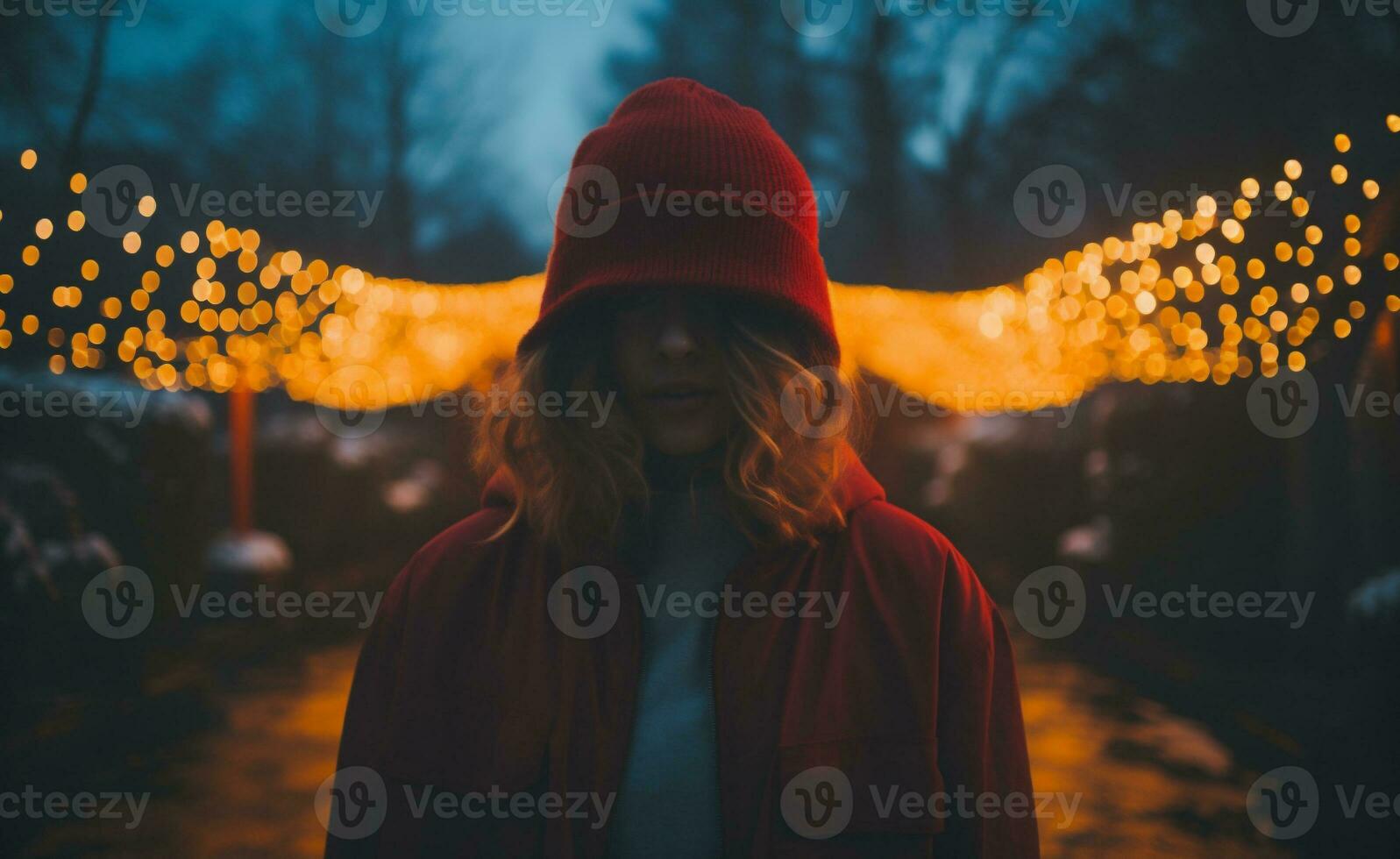 AI generated Young woman in the city at night with lights on background photo