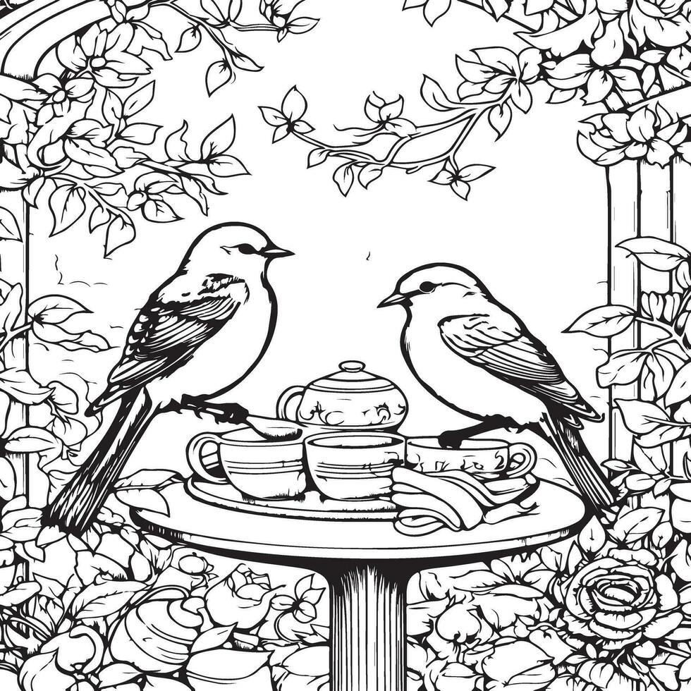 aves sentado en un jardín colorante página vector