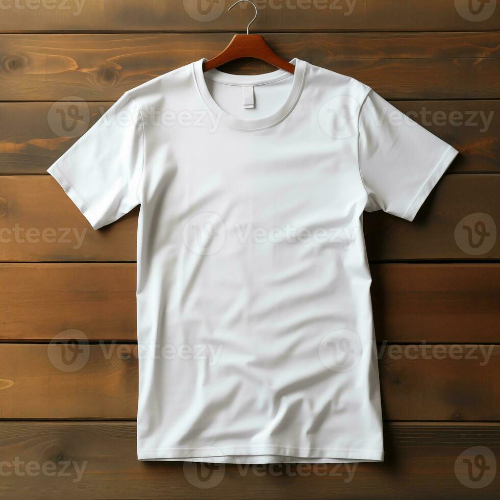 AI generated White Tshirt Mockup Wooden Texture Backgroundon photo