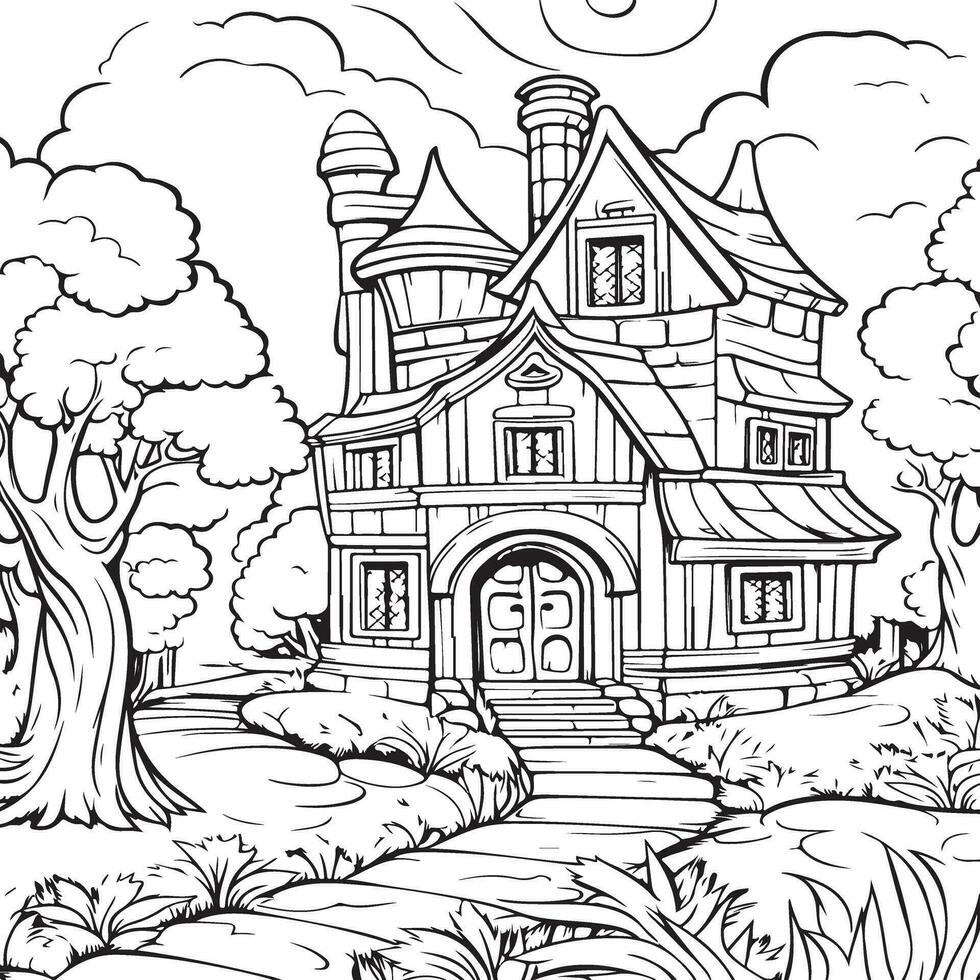 house in forest coloring page coloring page vector