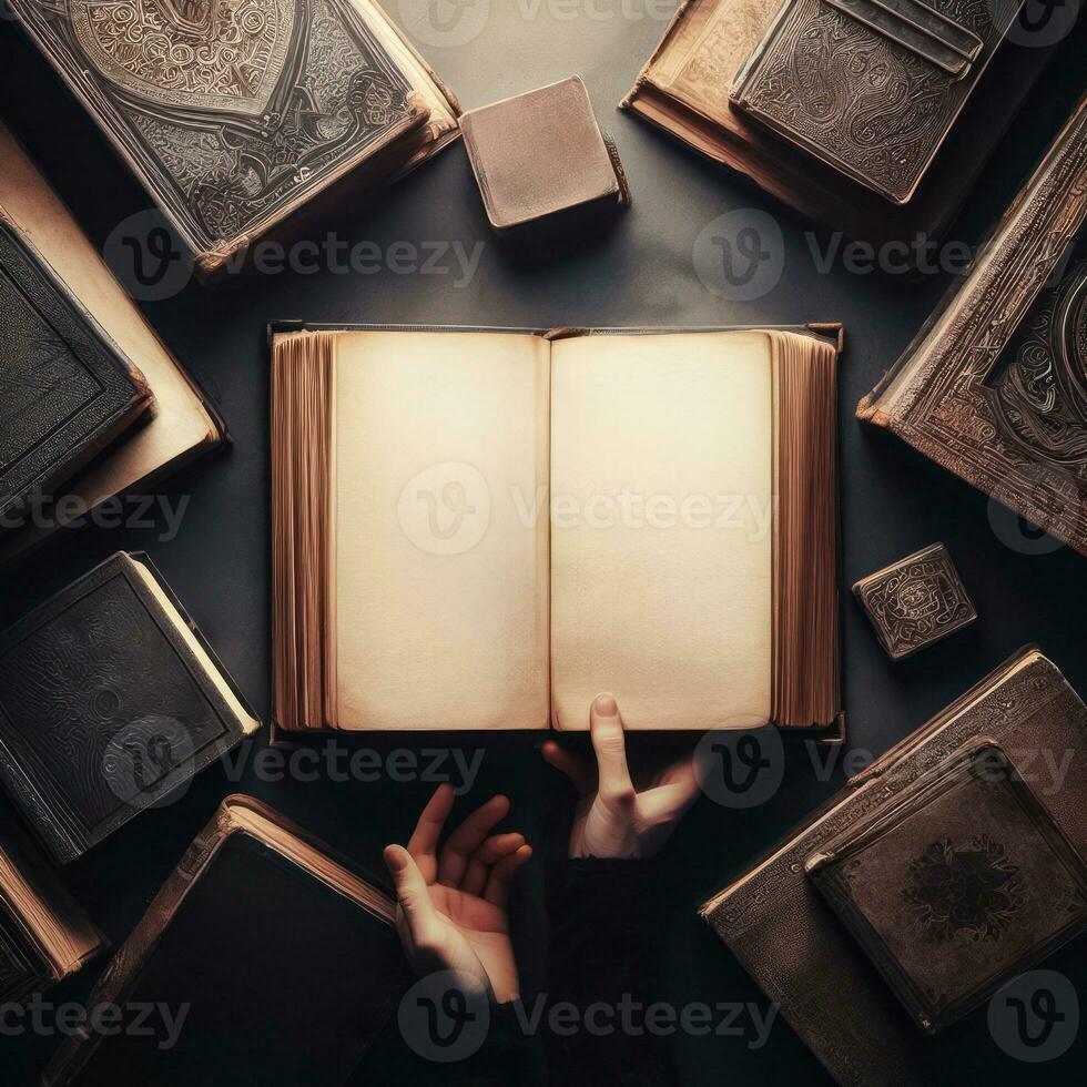 AI generated Open Book blank on old wooden background. book with blank pages. Vintage book, open, on old wooden table. photo