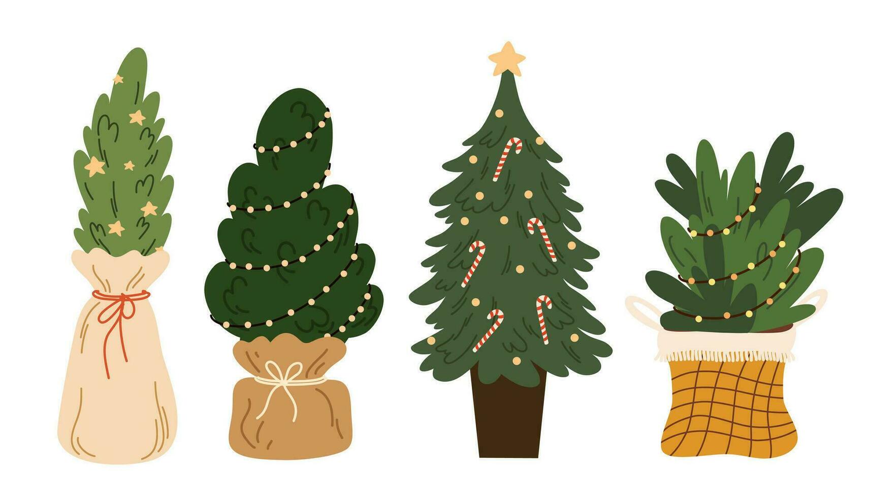 Christmas trees set decorated with festive baubles, garland. Xmas spruce with festive decoration, Traditional holiday, pine branches in craft paper. Artificial spruce on stand. Vector illustrations