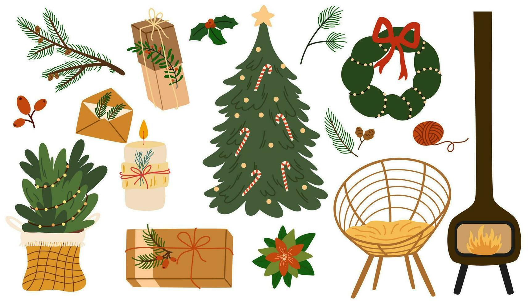 Navidad decoraciones colocar. Navidad árbol, adornos, regalos, chimenea, abeto coronas, velas nuevo año accesorios, artículos manojo. plano vector ilustraciones aislado en blanco antecedentes