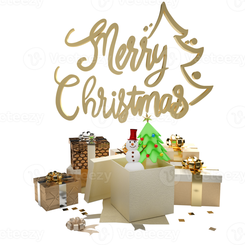 The Gold text and gift box for Christmas or Holiday concept 3d rendering png