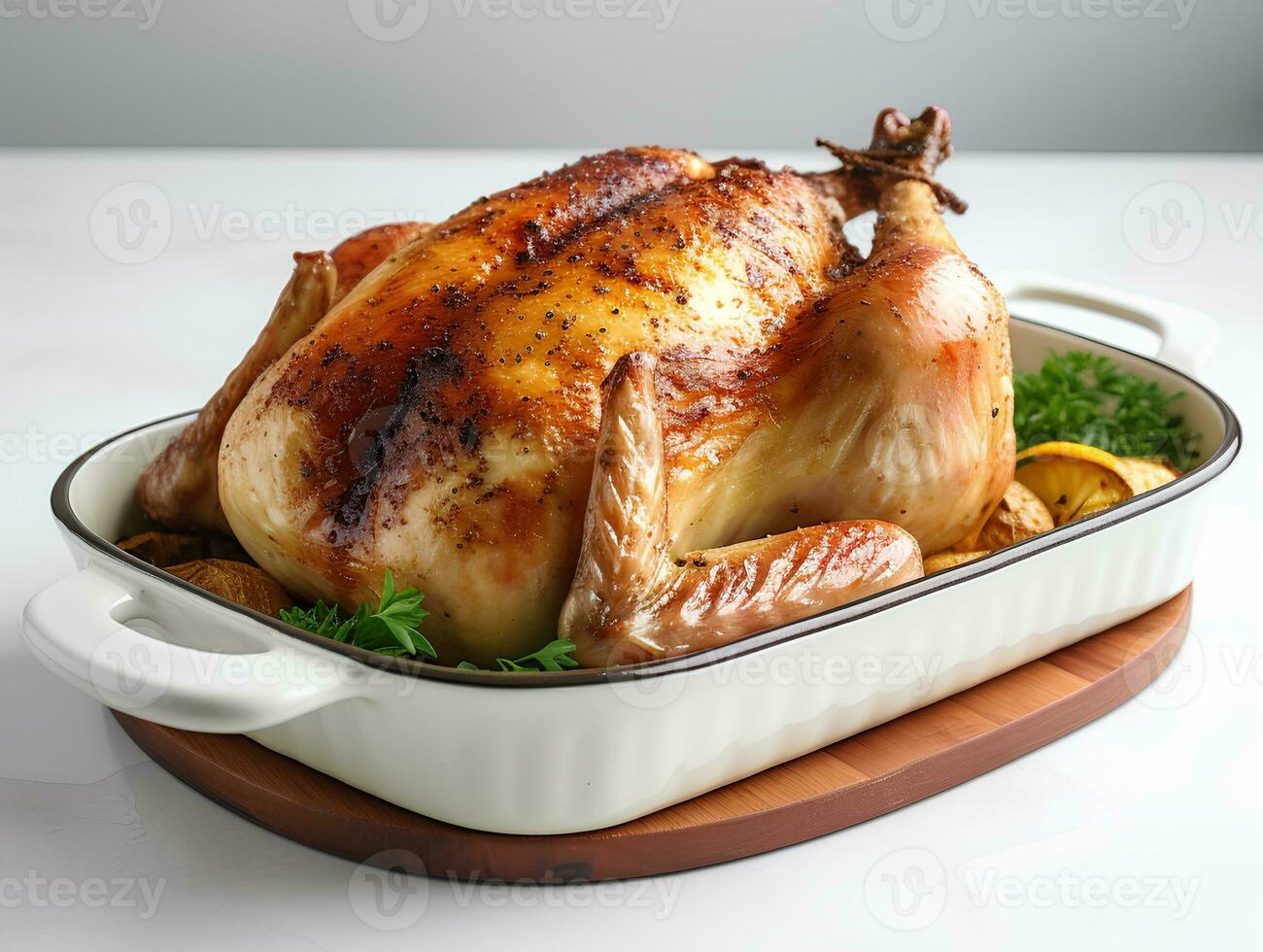 AI generated Appetizing baked chicken on a white background photo