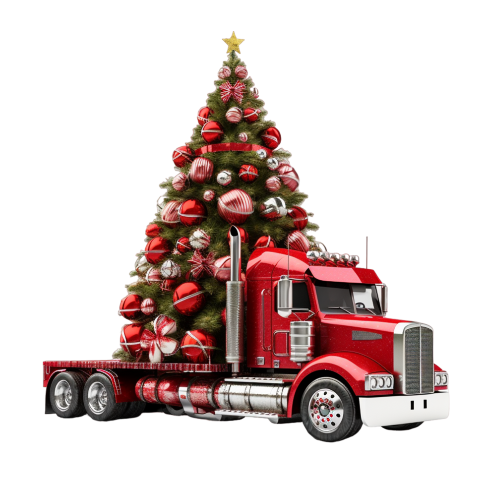 AI generated Red truck with Christmas tree png