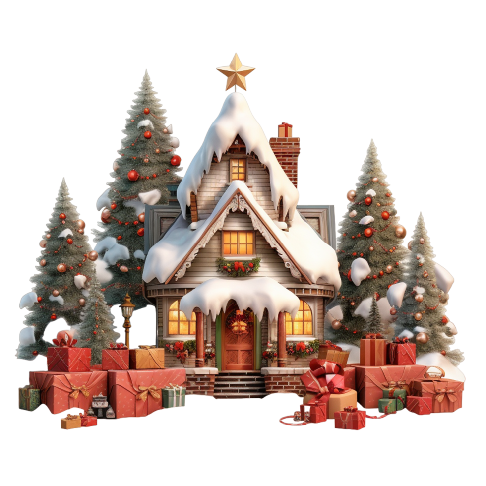 AI generated Snowy house with Christmas decorations and trees png