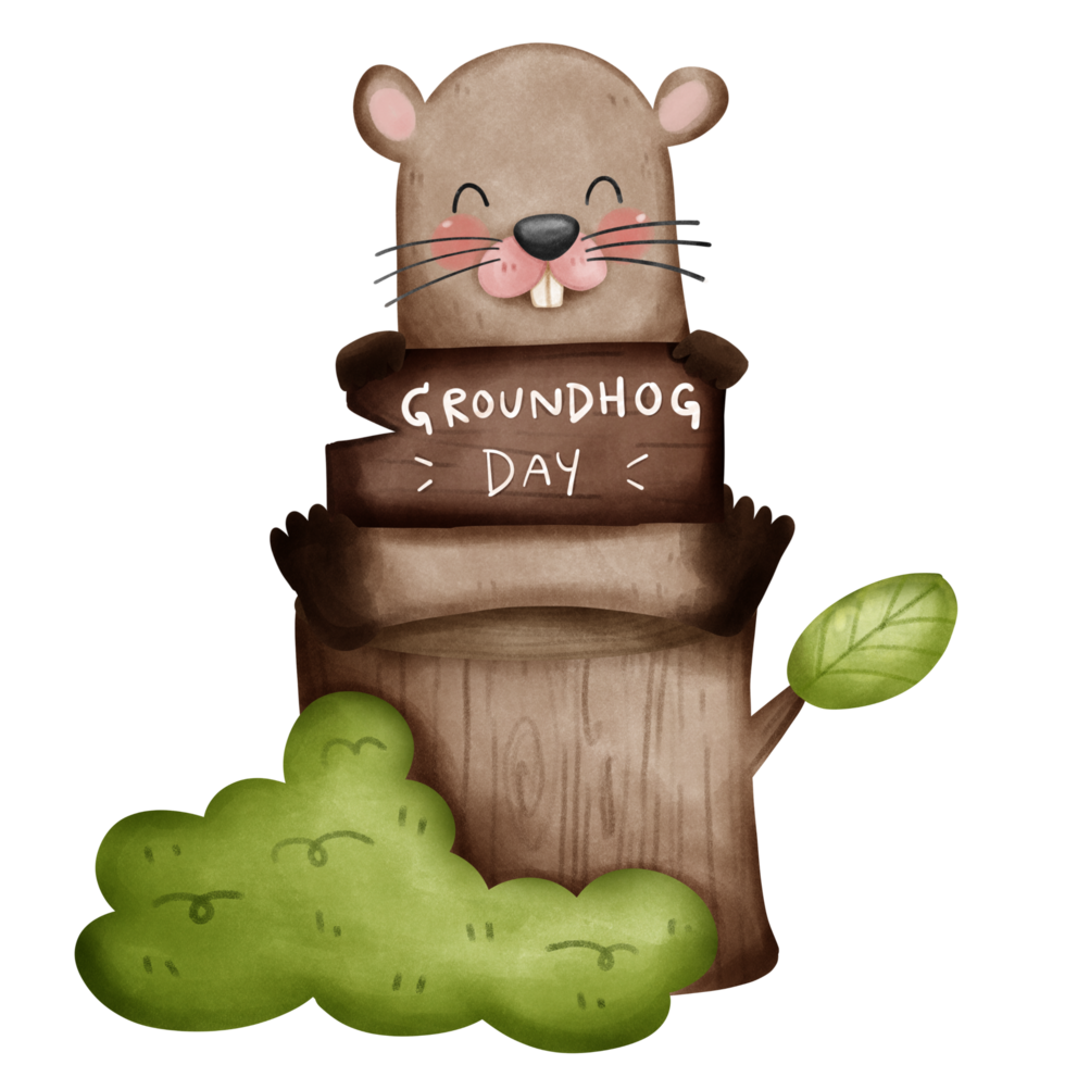 Cute groundhog sitting on wood stump showing a groundhog day wooden sign png