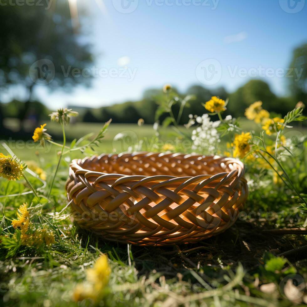 ai generado vacío cesta en terminado verde césped con flores antecedentes. generativo ai. foto