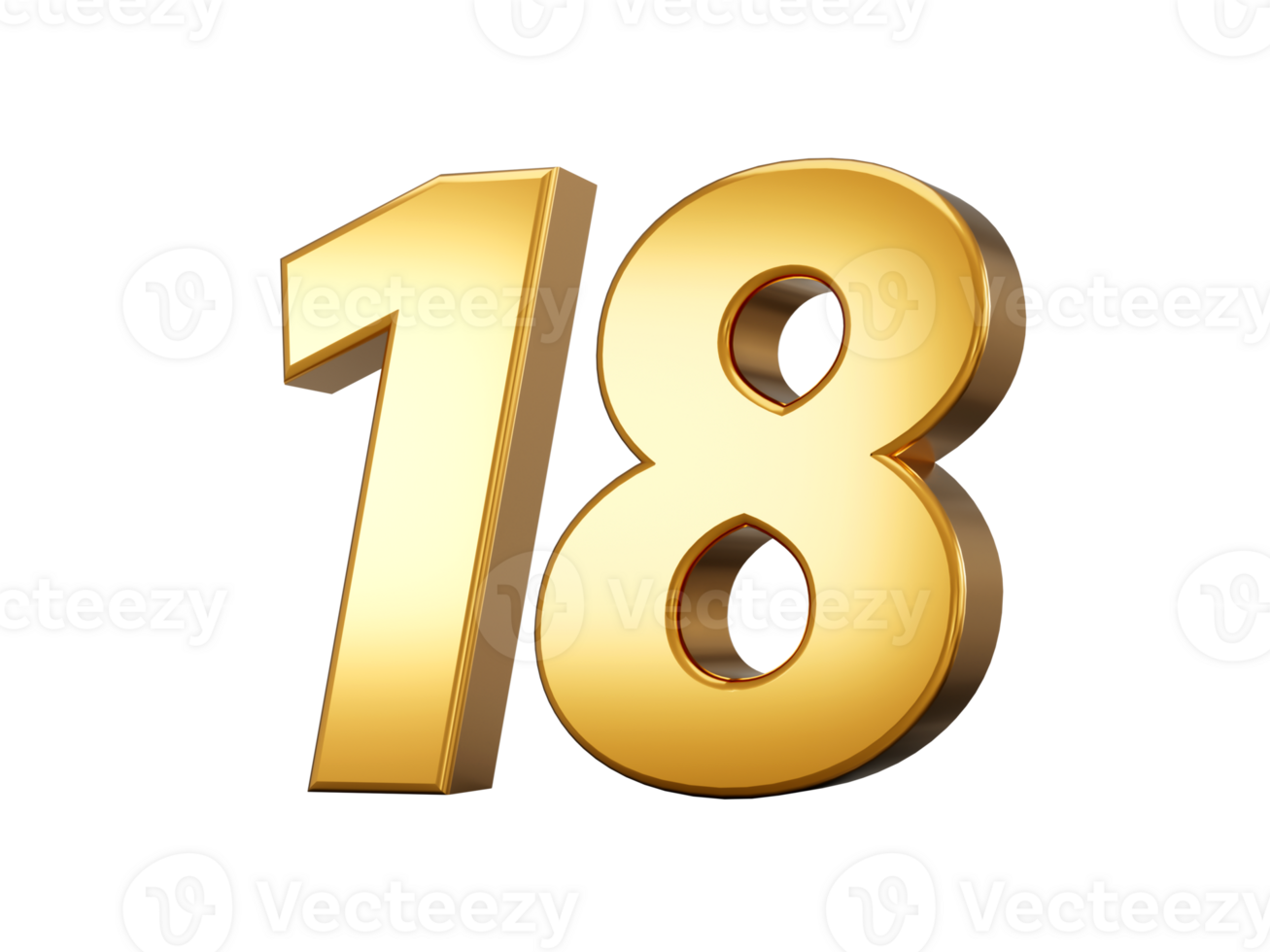 Golden metallic Number 18 Eighteen, 3d illustration png