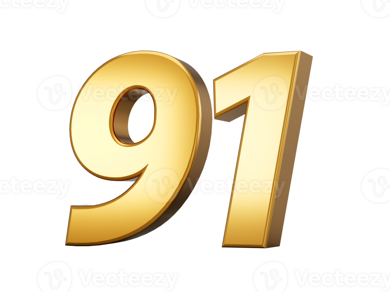 3d illustration of golden number ninety one or 91  with shadow. png