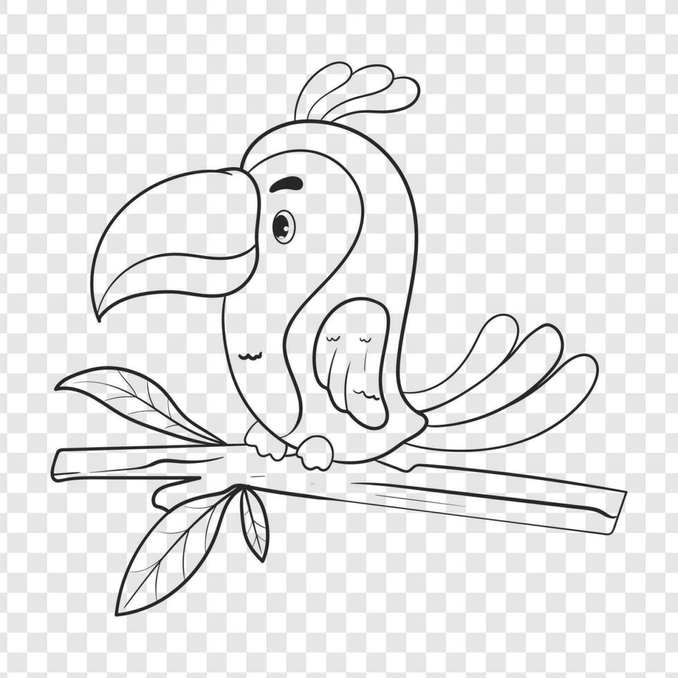 Hand drawn doodle Funny cute exotic hand drawn childish character of toucan  on branch. Design can be used for fashion t-shirt, greeting card, baby shower. vector