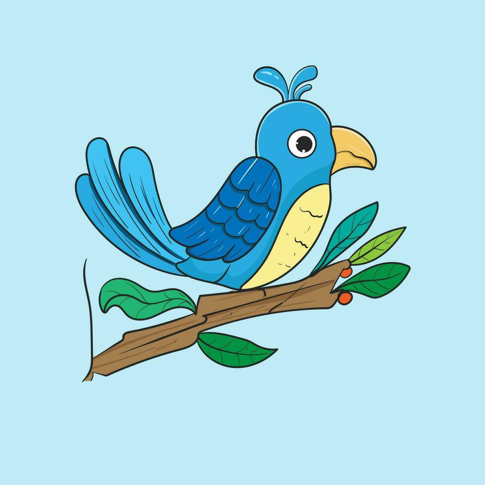 Funny cute exotic hand drawn childish character of toucan  on branch. Design can be used for fashion t-shirt, greeting card, baby shower. vector