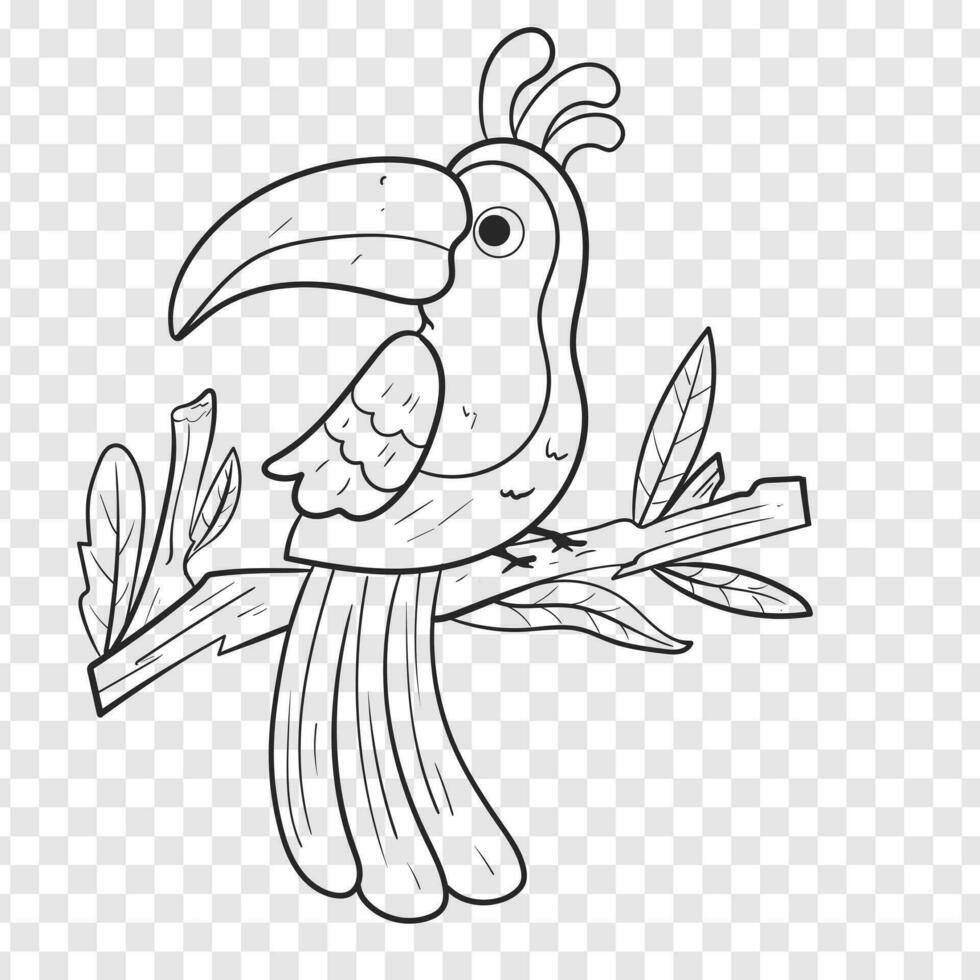 Hand drawn doodle Funny cute exotic hand drawn childish character of toucan  on branch. Design can be used for fashion t-shirt, greeting card, baby shower. vector