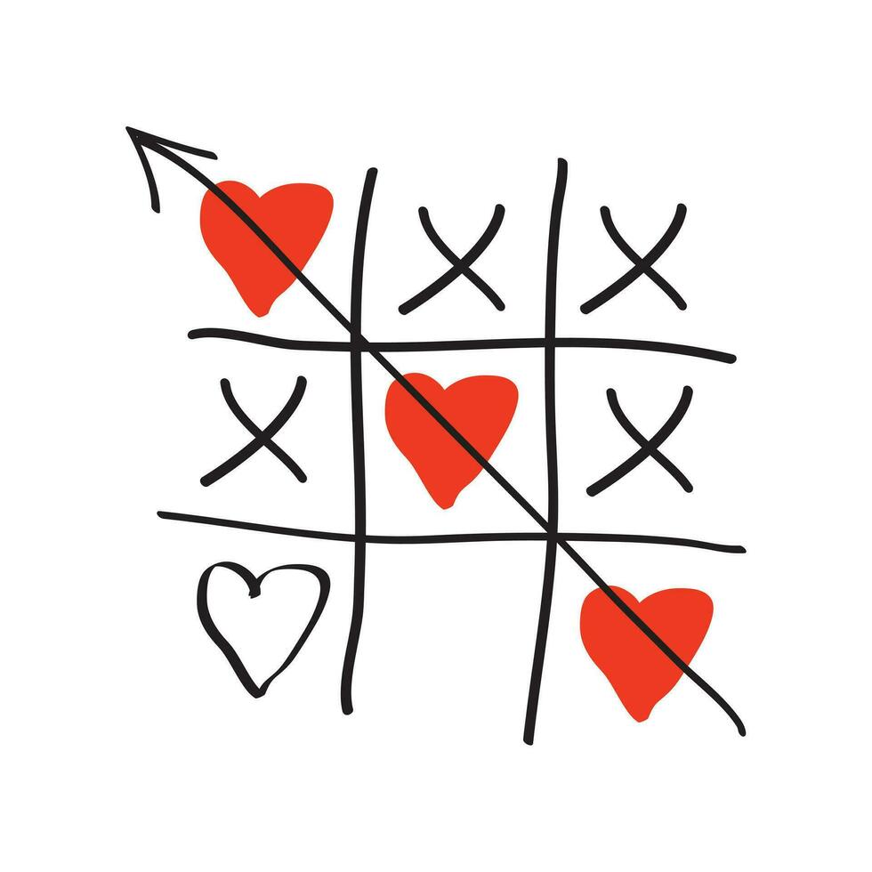 Valentine's Day card. Tic-tac-toe game with hearts and inscription Valentine's Day on pink background. Vector illustration