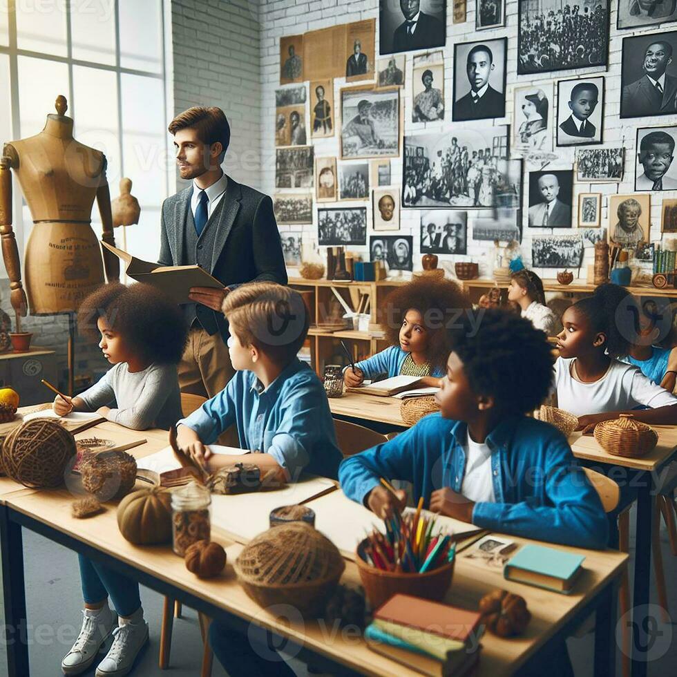 ai generado un educativo ajuste con diverso estudiantes de varios descensos aprendizaje acerca de negro historia foto