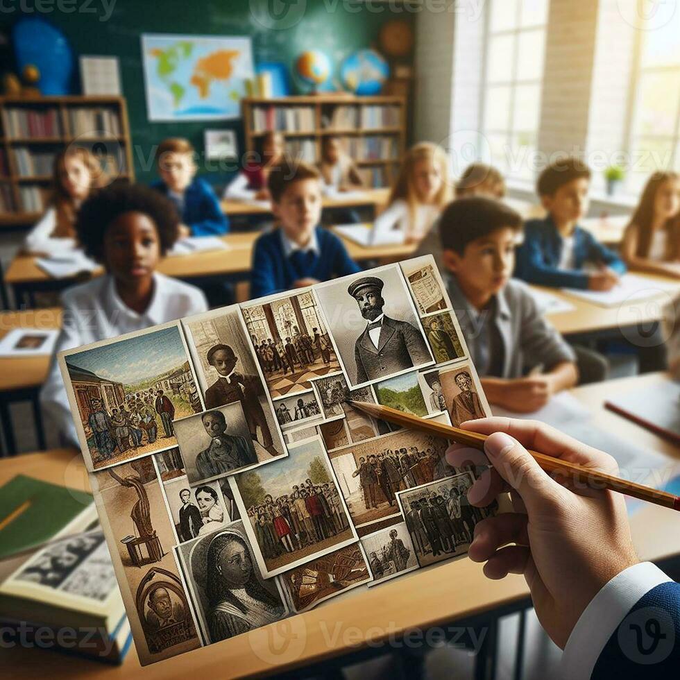 ai generado un educativo ajuste con diverso estudiantes de varios descensos aprendizaje acerca de negro historia foto