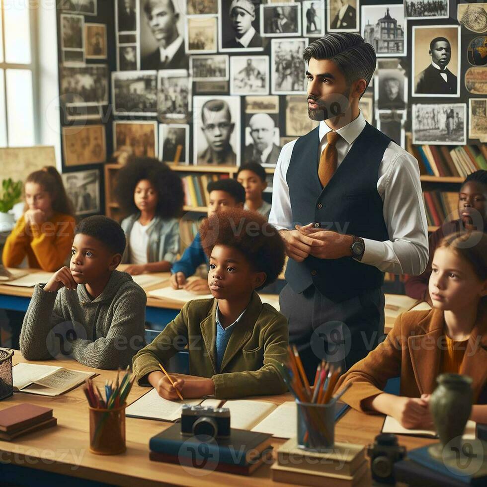 AI generated An educational setting with diverse students of various descents learning about Black history photo