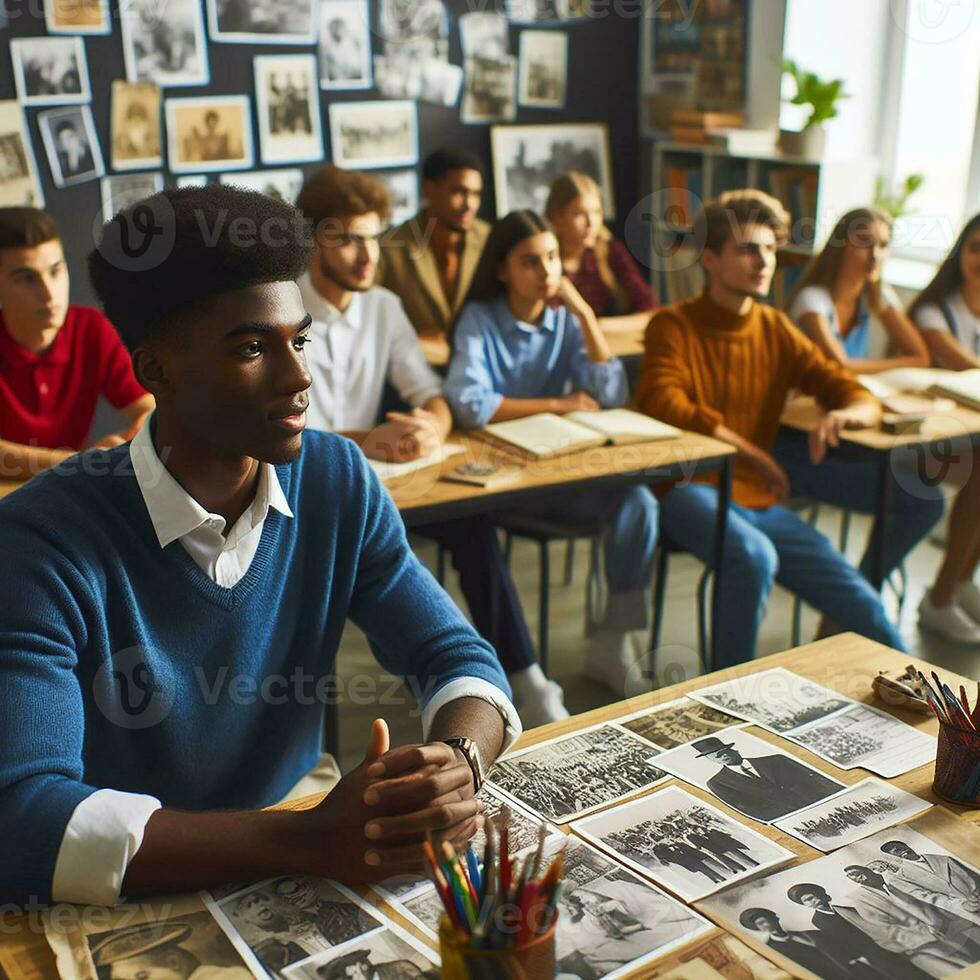 ai generado un educativo ajuste con diverso estudiantes de varios descensos aprendizaje acerca de negro historia foto