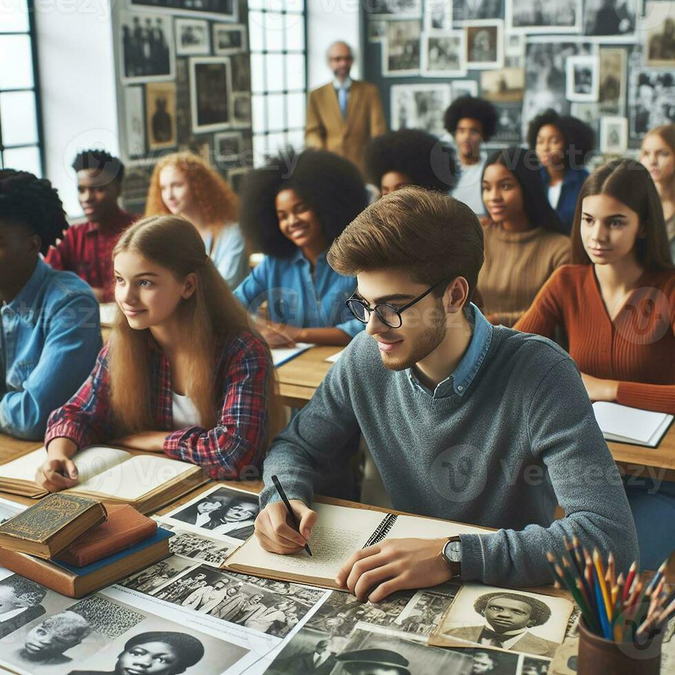 ai generado un educativo ajuste con diverso estudiantes de varios descensos aprendizaje acerca de negro historia foto