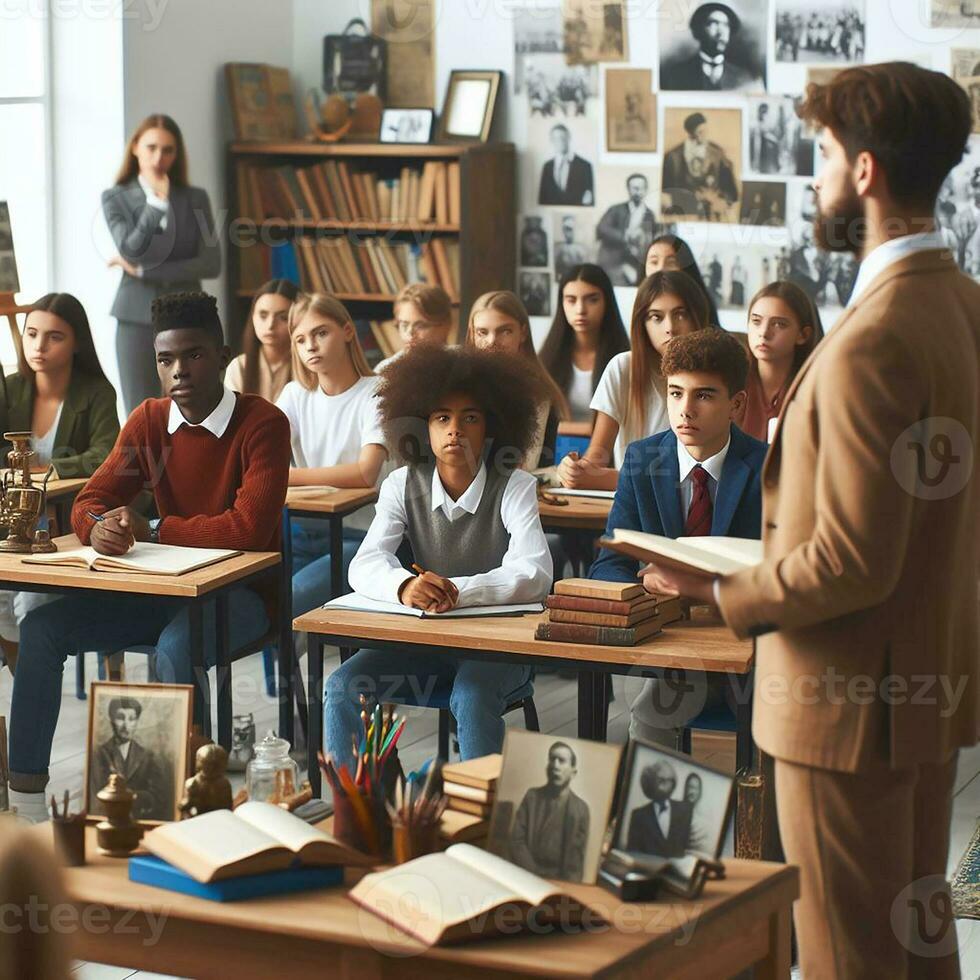 AI generated An educational setting with diverse students of various descents learning about Black history photo