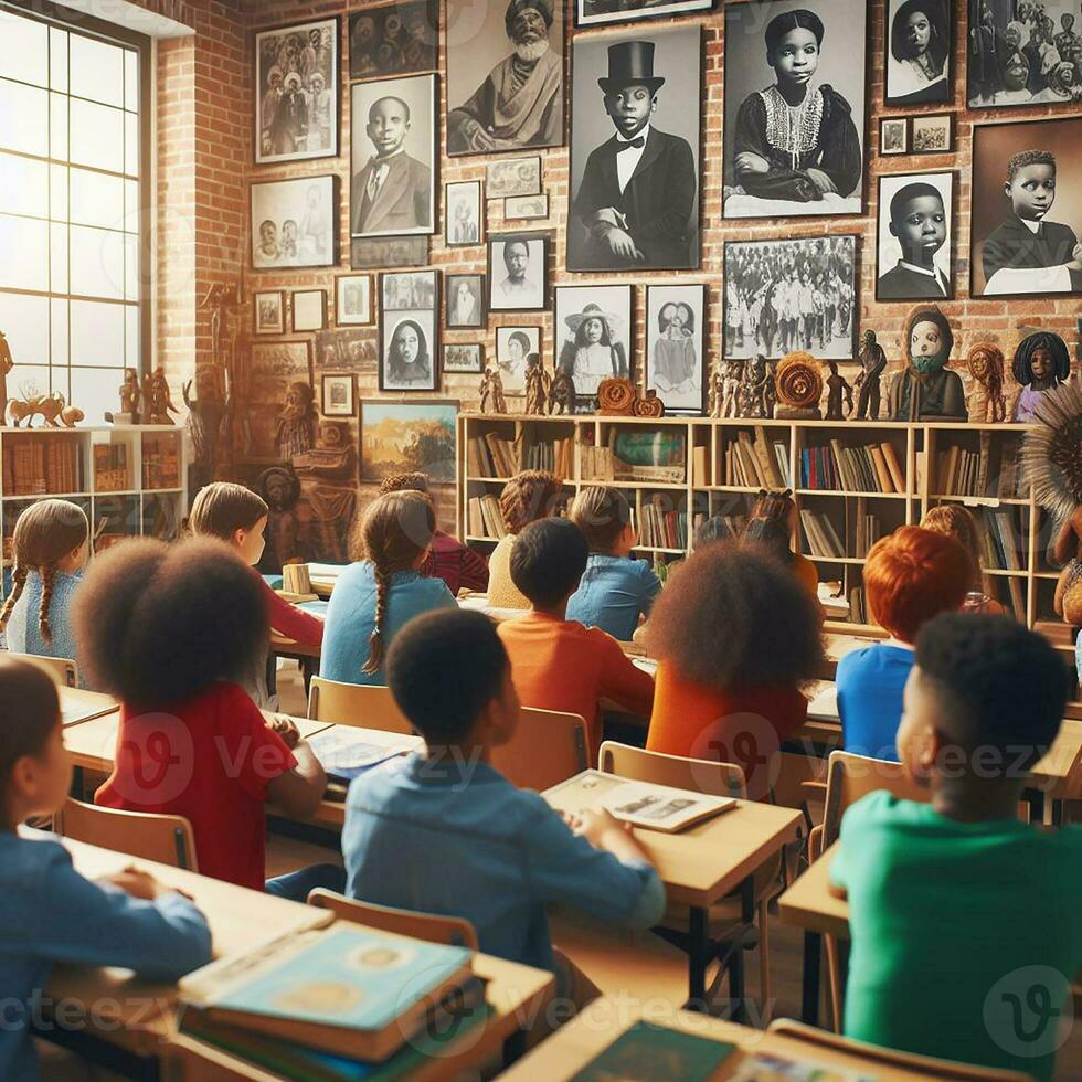 AI generated An educational setting with diverse students of various descents learning about Black history photo